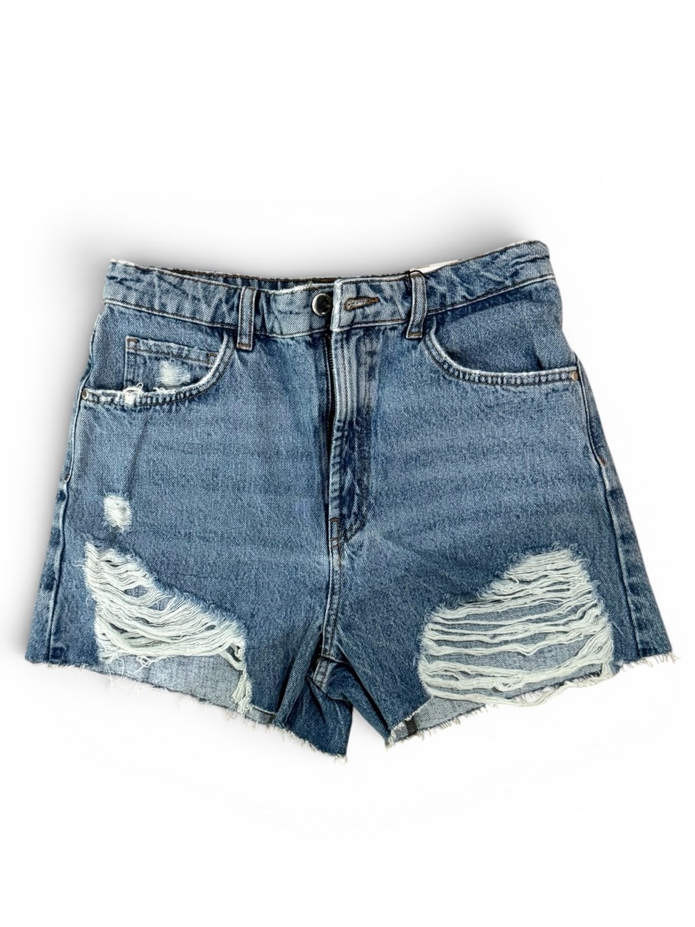 Distressed High-Rise Denim Shorts - Light Blue